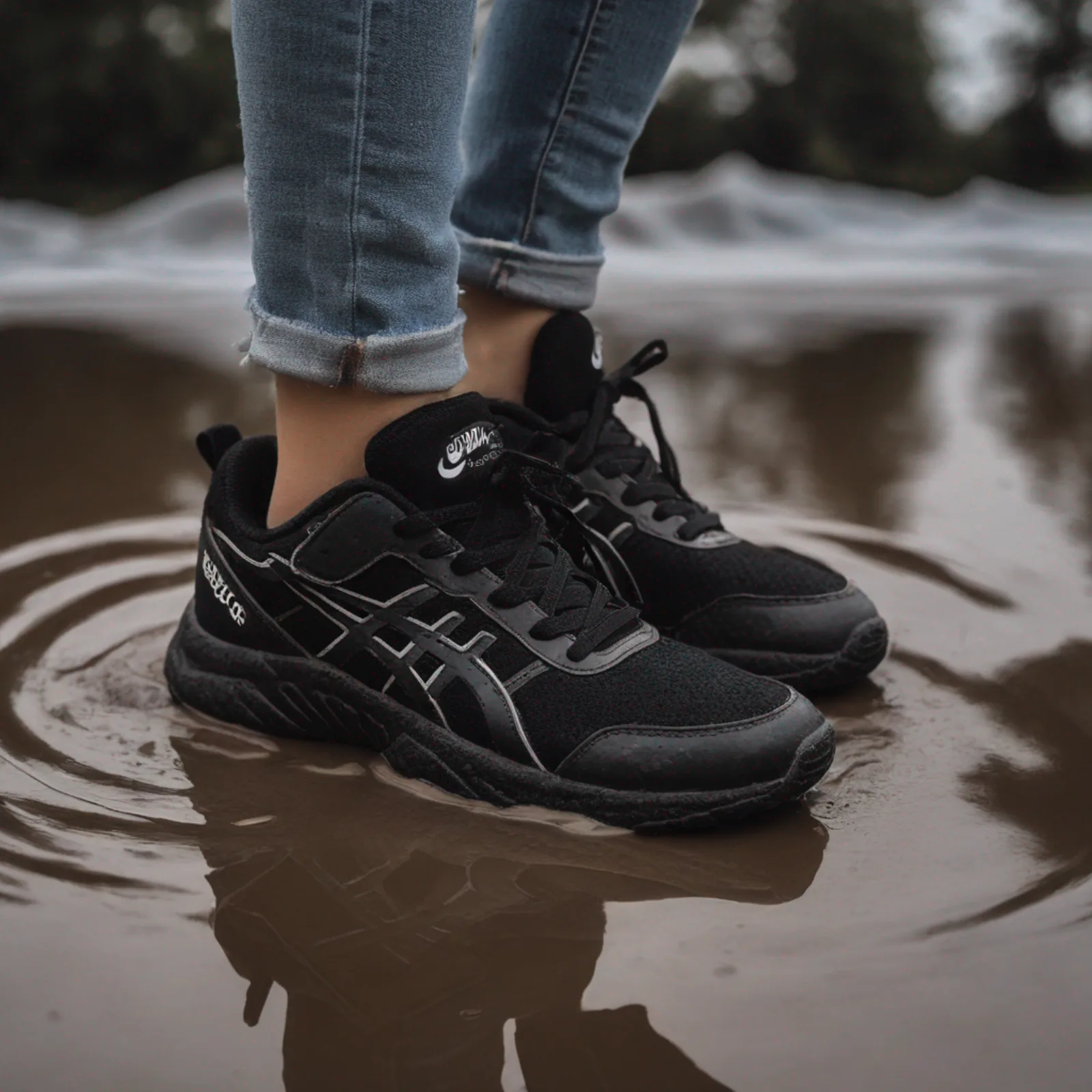 Generated image of black trainers on a wet road at sunset