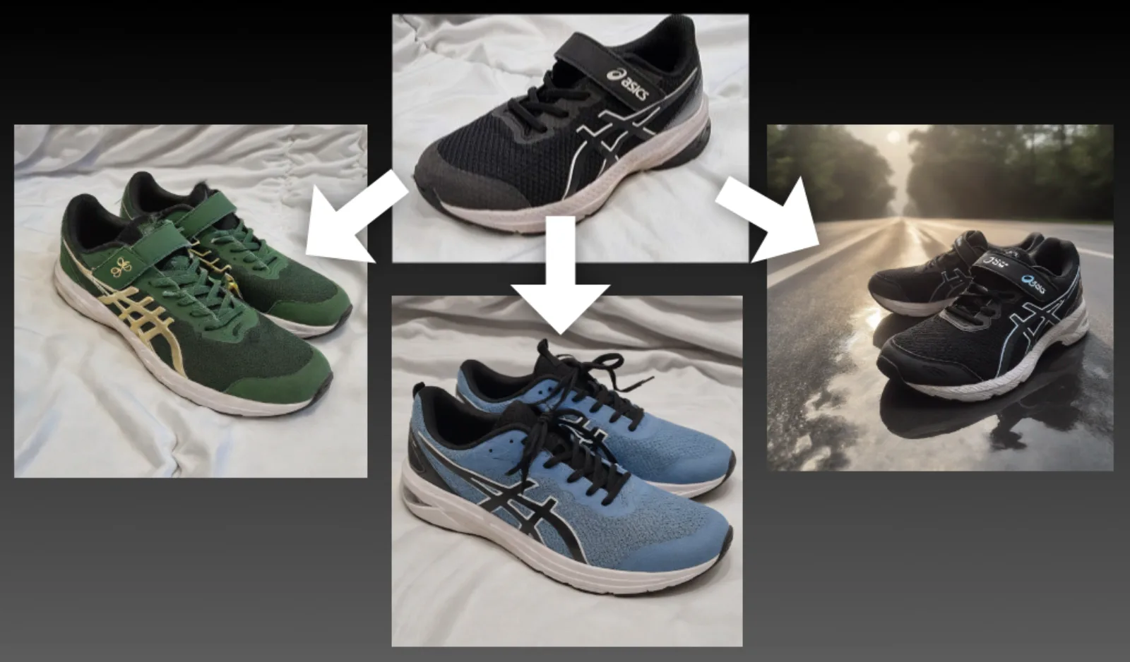 Original black trainers transformed into multiple generated variants