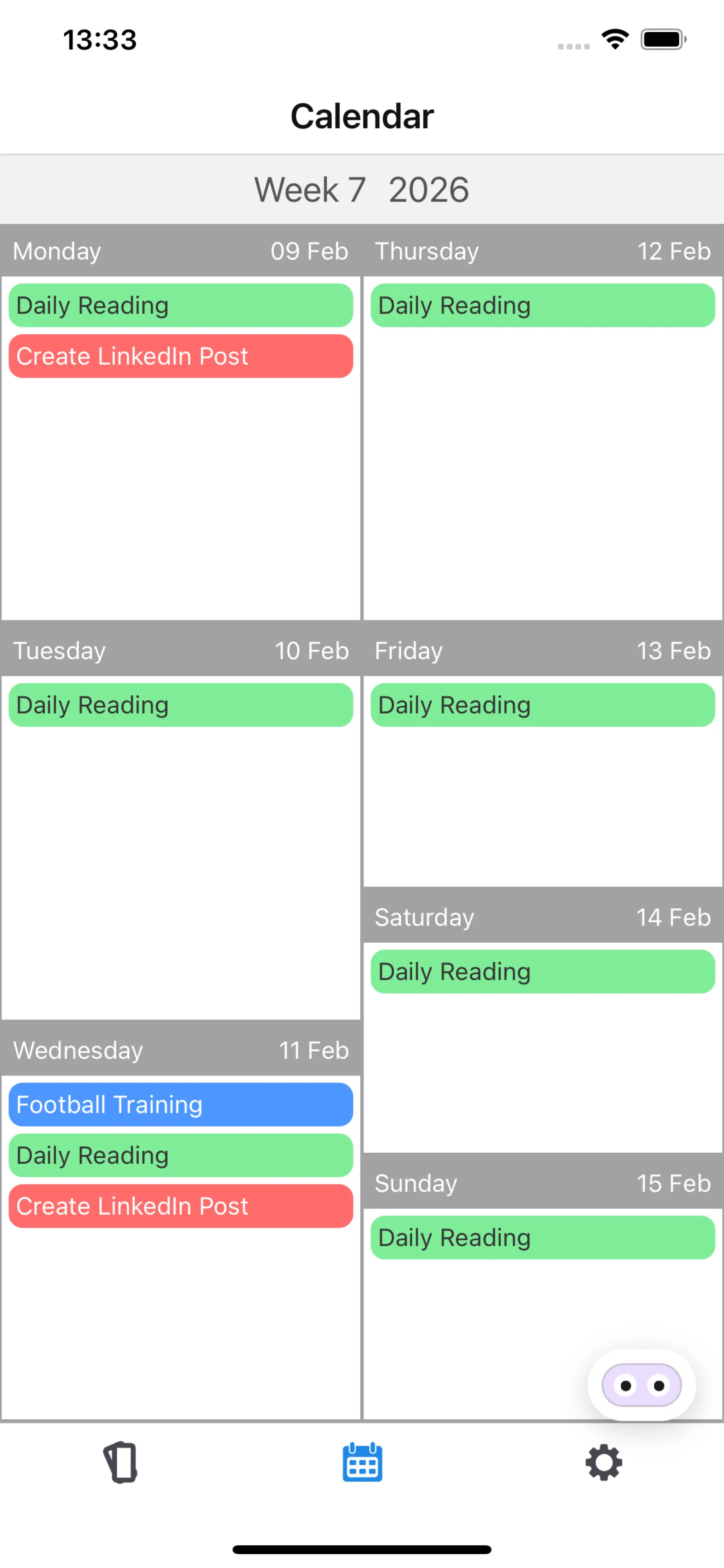 Dexter weekly calendar