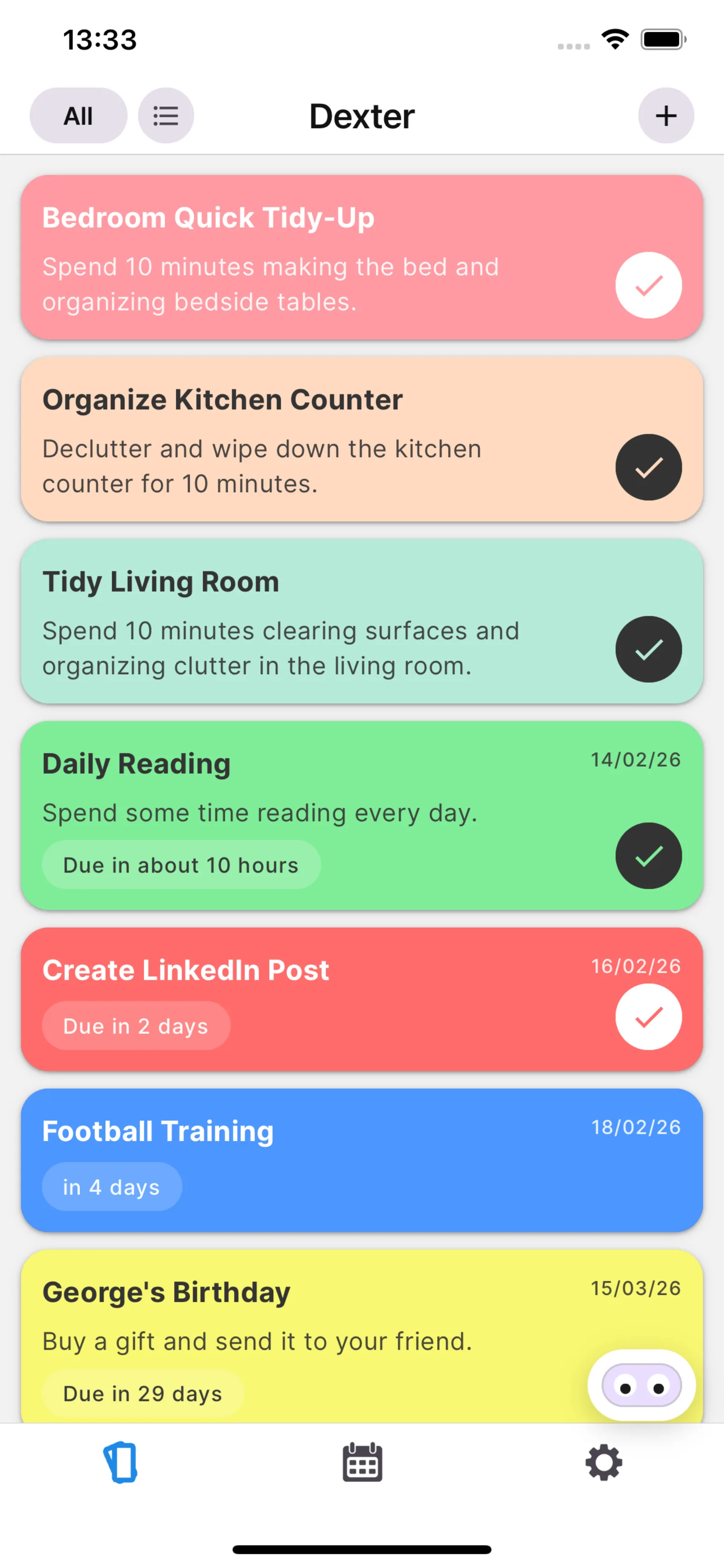 Dexter task list with AI-generated tasks