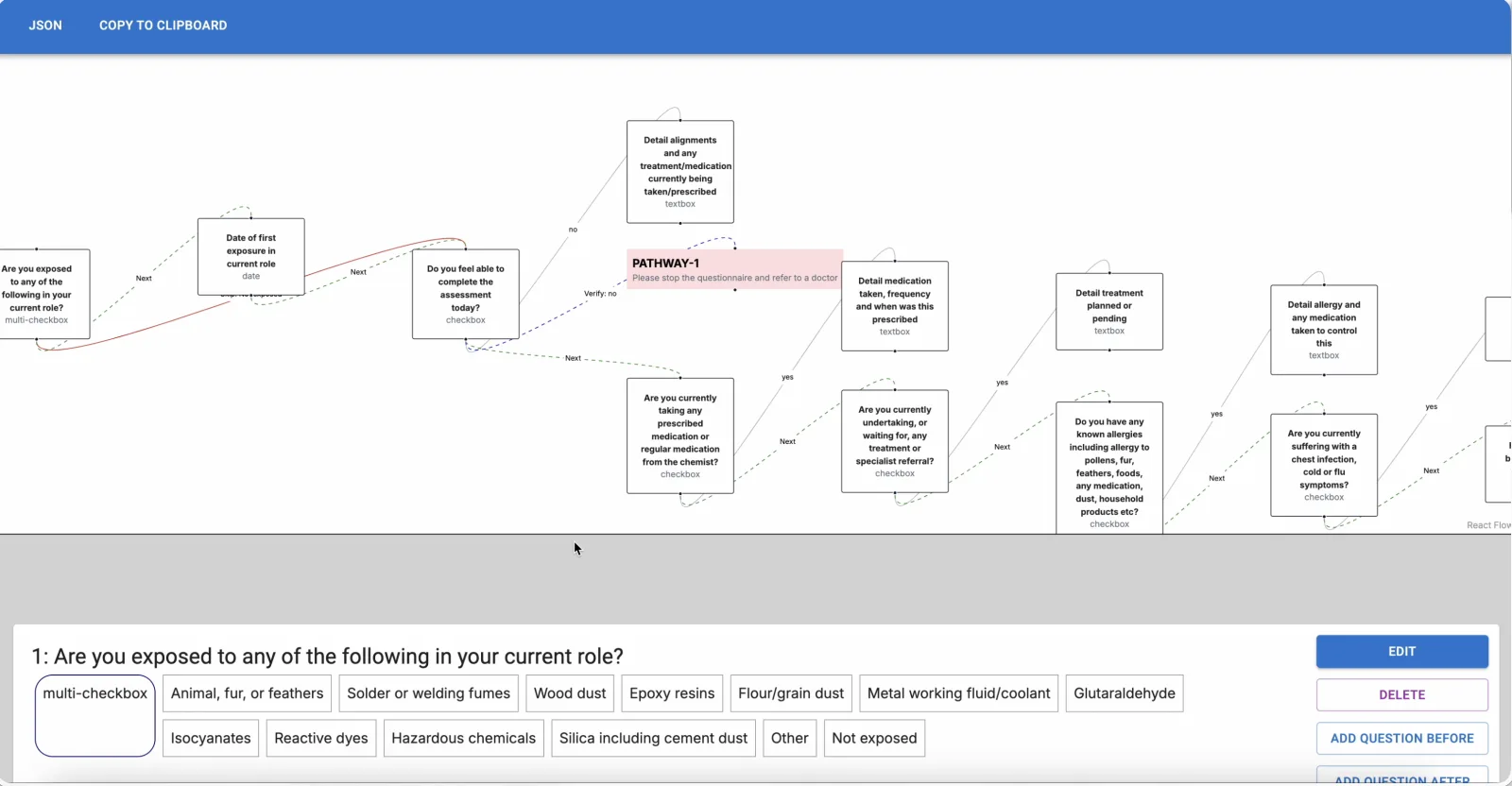 Questionnaire builder and pathway configuration screen