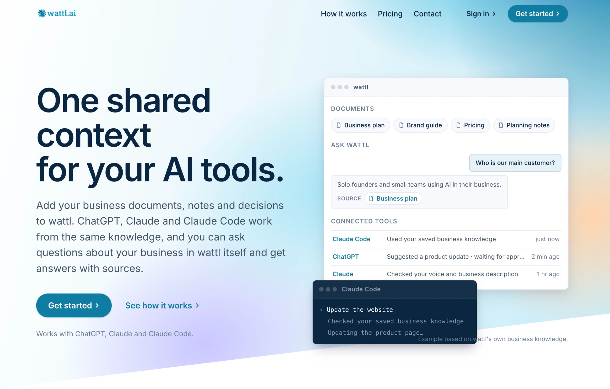Wattl AI website presenting a shared business knowledge platform